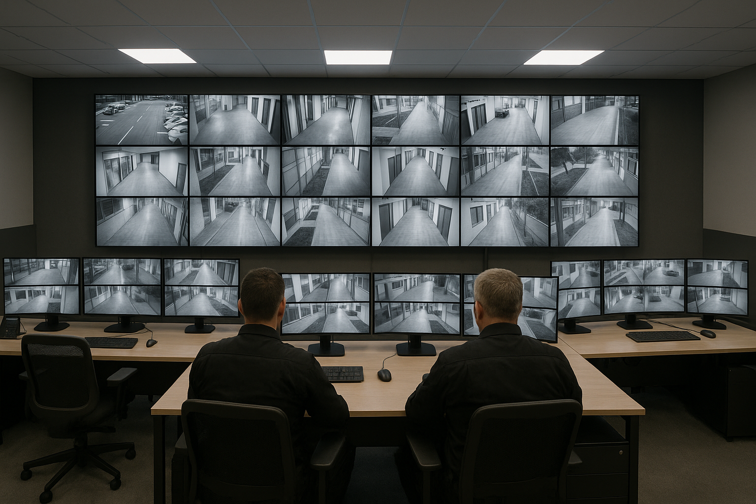 SISTEMA DE SEGURIDAD Y MONITOREO DE EMPRESA MUCHAS PANTALLAS CON CAMARAS Y DOS PERSONAS DE ESPALDA VERIFICANDO UN TAMANO QUE SE APRECIE TODO EL AREA DE TRABAJO EL TAMANO DE LA IMAGEN QUE SEA PARA SUBIRLA EN LA WEB CON BUENA RESOLUCION
